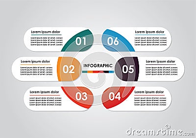 Info-graphic Modern Template for Business with six steps multi-Colours design, labels design, Vector info-graphic element Cartoon Illustration