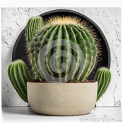 Potted Prickly Beauty: A Cactus in Elegance Against a Light Background Stock Photo