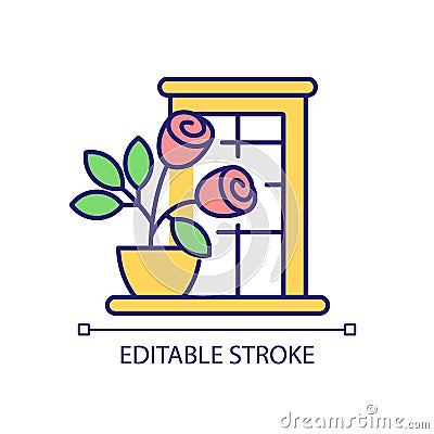 Potted rose at windowsill RGB color icon Vector Illustration