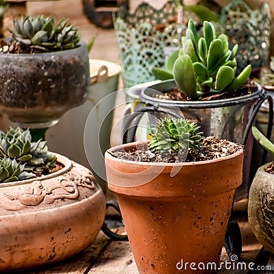 Potted Succulent Plants Growing in Clusters Stock Photo