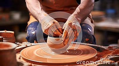 Potter skillfully shaping matching ceramics on pottery wheel in vibrant studio setting Stock Photo