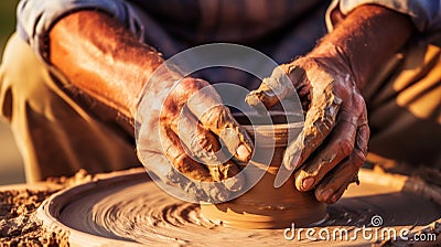 A potters hands skillfully shape clay on a wheel Stock Photo