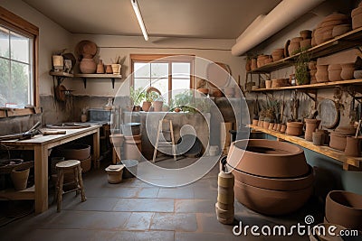 pottery and ceramics studio, with wheel, kiln, and tools for creating unique works of art Stock Photo