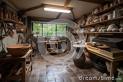 pottery and ceramics studio, with wheel, kiln, and tools for creating unique works of art Stock Photo