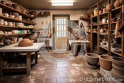 pottery and ceramics studio, with wheel, kiln, and tools for creating unique works of art Stock Photo