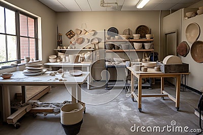 pottery and ceramics studio with wheel, tools, and finished pieces Stock Photo