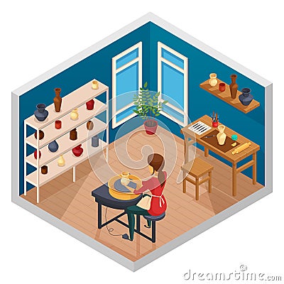 Pottery Isometric Workspace Composition Vector Illustration