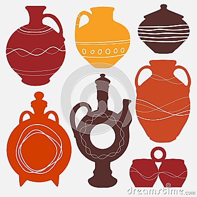 Pottery set with decor lines. Image of ceramic pots made of handmade clay Vector Illustration