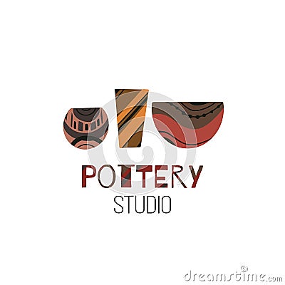 Pottery Studio. Cartoon flat doodle illustration of clay pots and vases and with lettering. Vector object Vector Illustration