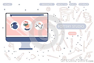 Pottery studio website design template. Clay crafting tools and instruments, ceramics production, sculpture modeling workshop Vector Illustration