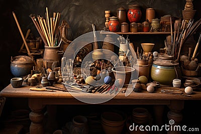 pottery tools arranged on wooden table Stock Photo