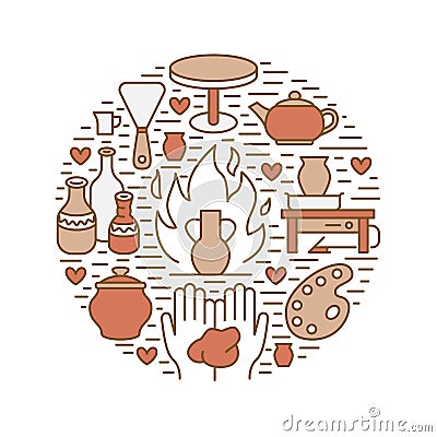 Pottery workshop, ceramics classes banner illustration. Vector line icon of clay studio tools. Hand building Vector Illustration