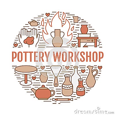 Pottery workshop, ceramics classes banner illustration. Vector line icon of clay studio tools. Hand building Vector Illustration