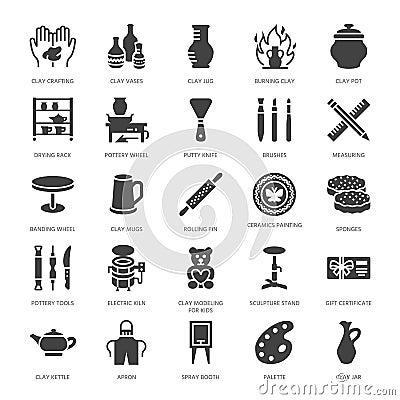 Pottery workshop, ceramics classes flat glyph icons. Clay studio signs. Hand building, sculpturing equipment - potter Vector Illustration