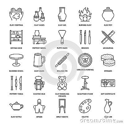 Pottery workshop, ceramics classes line icons. Clay studio tools signs. Hand building, sculpturing equipment - potter Vector Illustration