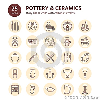 Pottery workshop, ceramics classes line icons. Clay studio tools signs. Hand building, sculpturing equipment - potter Vector Illustration