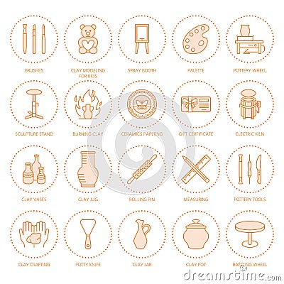 Pottery workshop, ceramics classes line icons. Clay studio tools signs. Hand building, sculpturing equipment - potter Vector Illustration