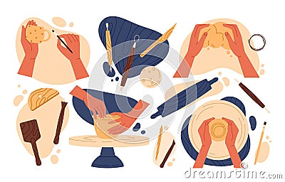 Pottery workshop set. Various tools for sculpting pottery. Equipment for pottery and ceramic clay Vector Illustration