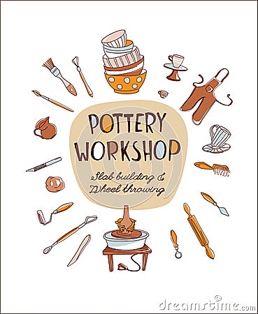 Pottery Workshop Studio invitation Pottery Worshop Studio invitation doodle style Vector Illustration