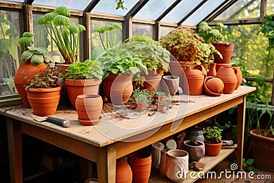 a potting table with terracotta pots and potting mix Stock Photo