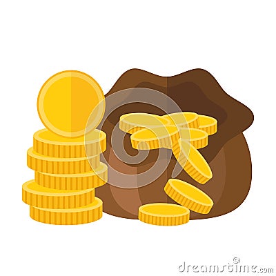 Pouch or sack full of money with falling gold coins. Vector icon Vector Illustration