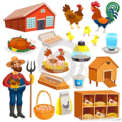 Poultry Farm Elements Set Vector Illustration