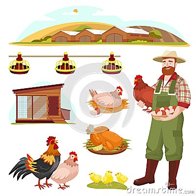 Poultry farm fowl, equipment and farmer, isolated on white background. Vector flat cartoon illustration Vector Illustration