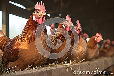 Poultry haven Chickens comfortably settled in a well organized henhouse Stock Photo