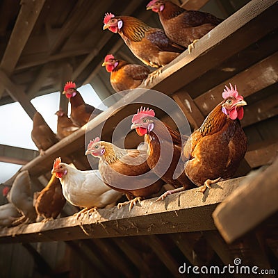 Poultry haven Chickens comfortably settled in a well organized henhouse Stock Photo