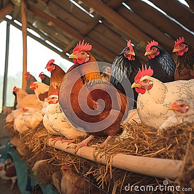 Poultry haven Chickens comfortably settled in a well organized henhouse Stock Photo