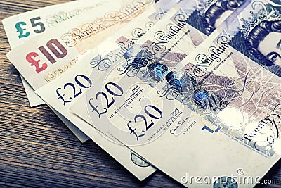 Pound currency, money, banknote. English currency. UK banknotes of different values stacked on each other Editorial Stock Photo