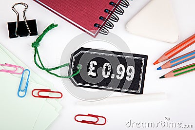 0.99 pound pence. Price tag with string on a white background Stock Photo