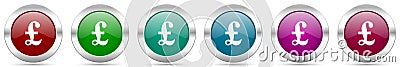 Pound silver metallic vector icon set, round glossy buttons with chrome border for web design Vector Illustration