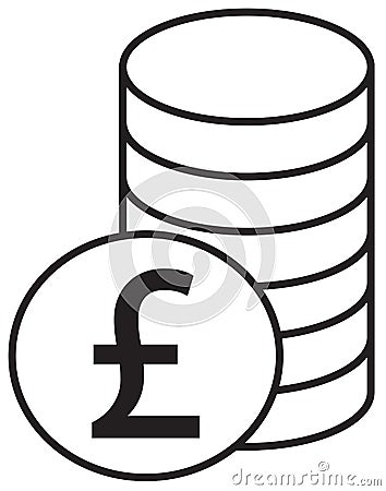 Pound Sterling currency icon or logo over a pile of coins stack. Stock Photo