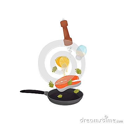 Pour fish, lemon juice, pepper and salt in a frying pan. Vector illustration. Vector Illustration