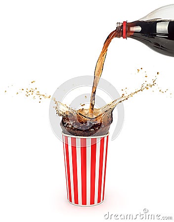 Pouring cola into paper cup with ice cubes, Stock Photo