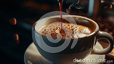 pouring delicious coffee in cup of espresso from machine Stock Photo