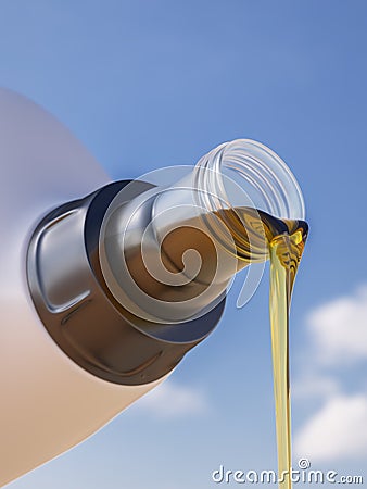 Pouring engine oil with sky on background 3d illustration Cartoon Illustration