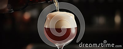 Pouring a glass of dark craft beer with frothy head against blurred background. Beverage and relaxation concept Stock Photo