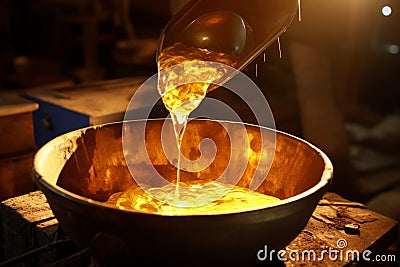 Pouring gold from a crucible into a mould AI generated Stock Photo