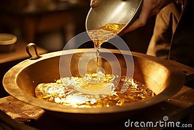 Pouring gold from a crucible into a mould AI generated Stock Photo