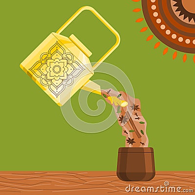 Pouring Masala Chai and Its Ingredients from Kettle into Cup Vector Illustration