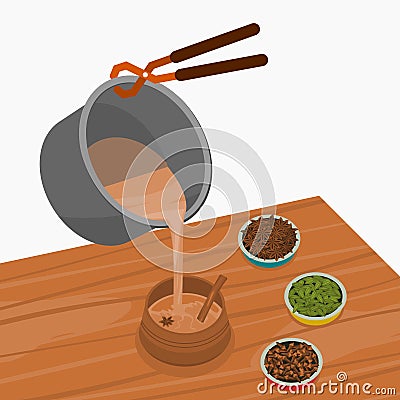 Pouring Masala Chai into Pottery Cup with Bowls of Herb Vector Illustration Vector Illustration