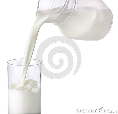 Pouring milk from jug into glass isolated on white background Stock Photo