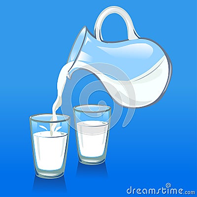 Pouring milk from a jug into glasses Vector Illustration
