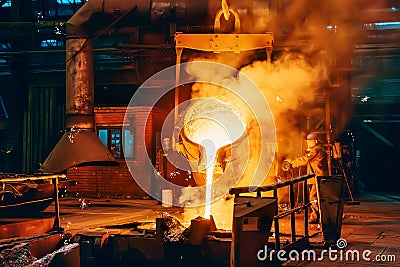 Pouring molten metal into mold from ladle container in foundry metallurgical factory workshop, iron cast, heavy Stock Photo