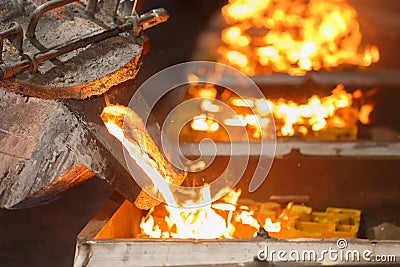 Pouring molten metal to casting mold Stock Photo