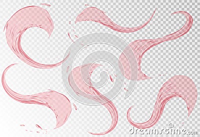 Pouring red wine splashes on transparent background. Realistic liquid with drops created by gradient mesh. Dark Vector Illustration