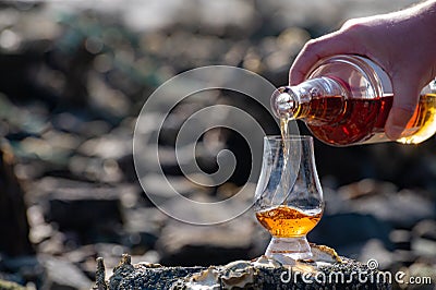 Pouring of Scotch whisky in tasting glass Stock Photo