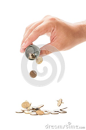 Pouring a small bucket of romanian coins Stock Photo